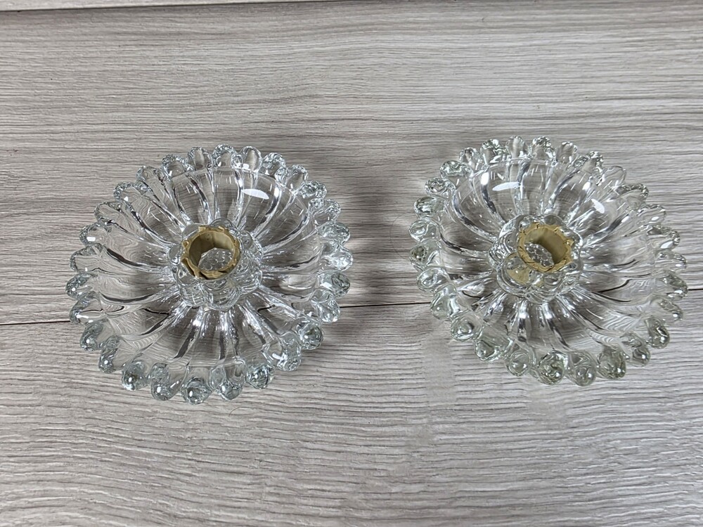 Vtg Pair Of Crystal Clear Hazel Atlas Glass Sunflower Candle Holder 4.5" 227.2